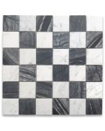 Silver Wave Black Forest Carrara White Marble 2x2 Checkerboard Mosaic Tile Honed