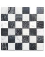 Silver Wave Black Forest Carrara White Marble 2x2 Checkerboard Mosaic Tile Polished